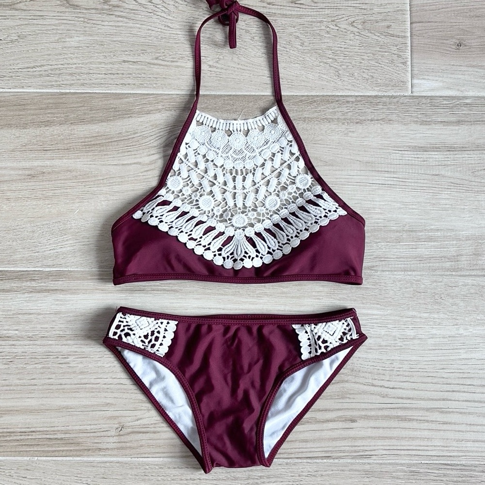 SHEIN Burgundy and White Crochet Bikini